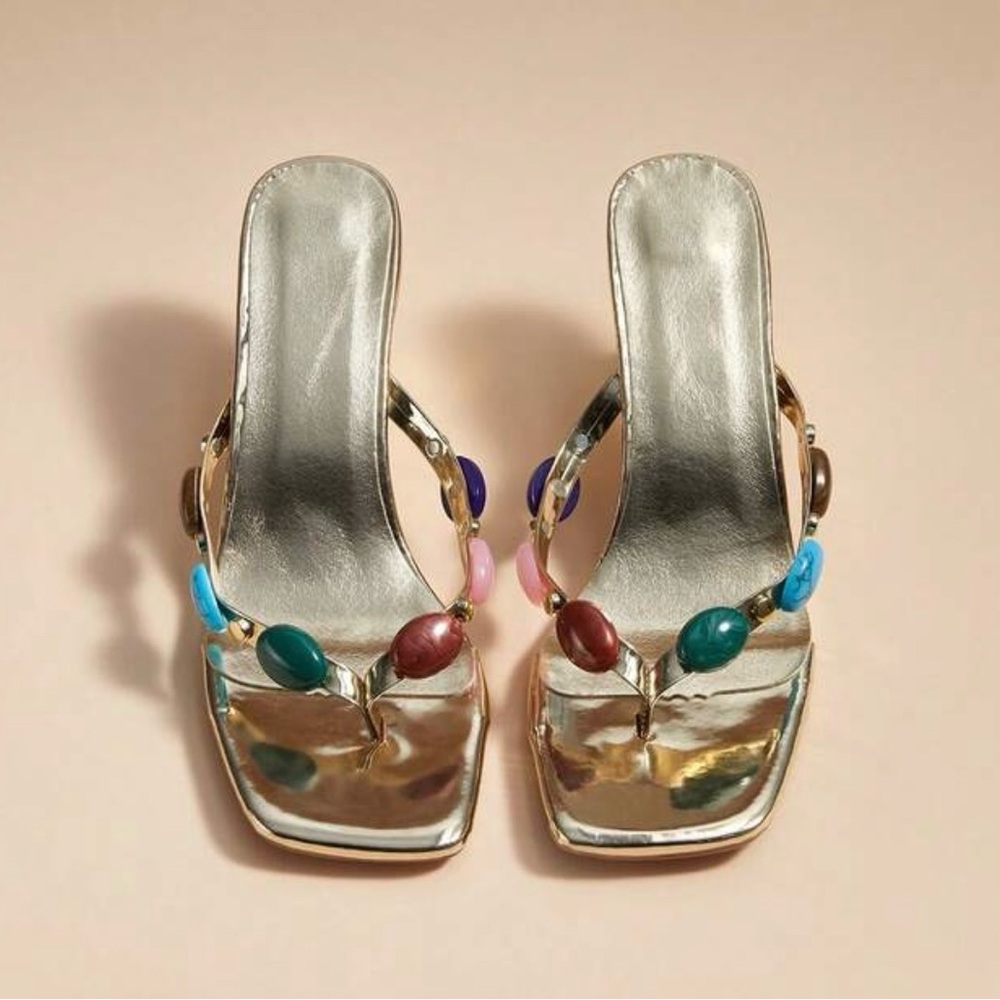 Metallic Gold Slide Sandals with Multicolor Gem Accents | Worn Once | Size 9.5